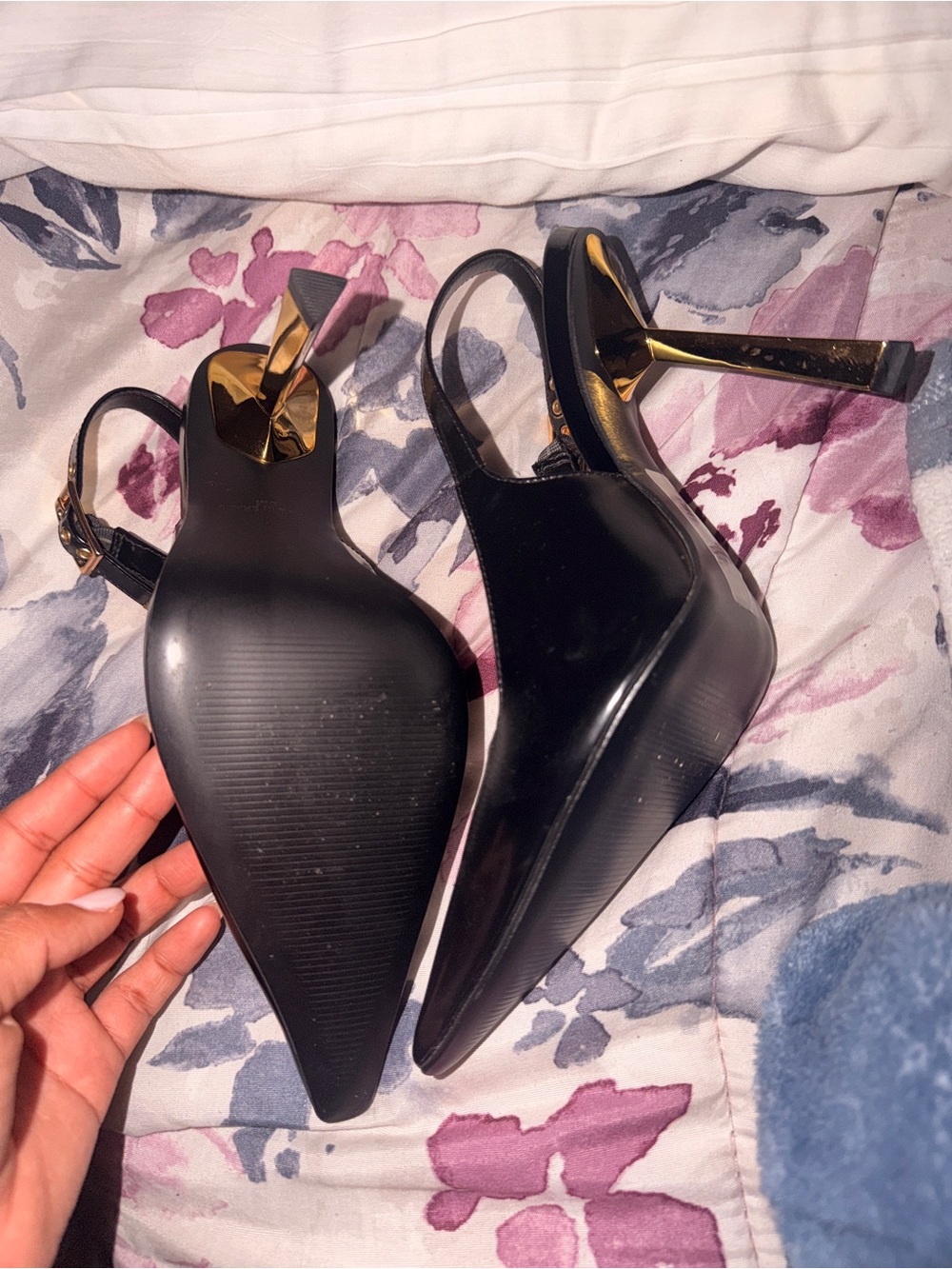 Steve Madden Black Pointed Slingback Heels with Gold Heel Detail